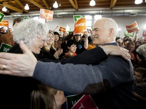 EDMONTON, ALTA.:  APRIL,27, 2011--Federal NDP leader Jack Layton greets Edmonton- Strathcona MLA Linda Duncan as he makes his second visit to Edmonton during the campaign at a rally at Fort Edmonton on  April ,27, 2011. (Greg Southam / Edmonton Journal)