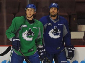 Vancouver Canucks defencemen Aaron Rome (right) and Alexander Sulzer at Canucks practice on Monday. (Photo by Arlen Redekop, PNG)