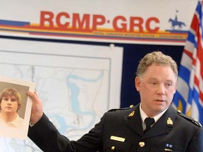 RCMP Insp. Brendan Fitzpatrick, E Division Major Crime holds up the photo of 21 year old Cody Alan Legebokoff charged with 3 counts of first degree murderin the murders of Jill Stacey Stuchenko, Cynthia Frances Maas and Natasha Lynn Montgomery. Legebokoff was arrested this past Friday at Prince Geoirge Regional Correction Centre where he is currently awaiting trial in the homicide of Loren Donn Leslie. Citizen photo by Brent Braaten     Oct 17 2011