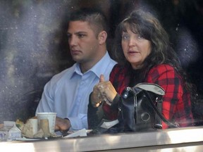 Jarrod Bacon and his mother, Susan having lunch, October 26th, 2009 during a break at the Surrey courthouse.