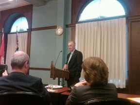 Preston Manning addresses the BC Liberal Caucus, as photographed and tweeted by Finance Minister Kevin Falcon
