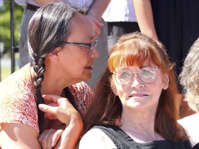 WASHINGTON, DC: AUGUST 23, 2011 -- Canadian actresses Margot Kidder (R) and Tantoo Cardinal participate in a sit-in front of the White House in Washington, DC, last month to protest the Keystone XL pipeline.  The Tories have accused the NDP of siding with environmental "extremists." HANDOUT PHOTO: Milan Ilnycki.