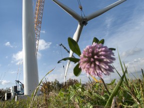 Crews use a giant crane Tuesday, September 27, 2011, to hoist the hub and blades for one of eighteen 1.5 mega watt wind turbines, being built as the Plateau Wind Farm, east of Dundalk, Ontario, Canada, for International Power Canada, Inc., (owned by International Power PLC)
The turbines stand 80 metres ground to hub, and the blades are 40 metres long.
photographer: Norm Betts for Bloomberg News
one of eighteen 1.5 mega watt wind turbines, being built as the Plateau Wind Farm, east of Dundalk, Ontario, Canada, for International Power Canada, Inc., (owned by International Power PLC)
The turbines stand 80 metres to hub, and the three blades are 40 metres long.
photographer: Norm Betts for Bloomberg News