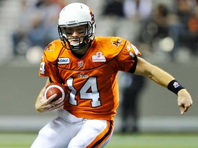 B.C. Lions quarterback Travis Lulay takes off down the field during a CFL game this season at BC Place Stadium. (Photo by Jenelle Schneider, PNG)