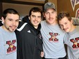 Current Giants frontrunner (in the moustache stakes) Neil Manning (second from left) with then-teammates Craig Cunningham, Randy McNaught and Matt MacKay in the WHL team’s Movember faceoff in November 2010. (Photo by Ian Smith, PNG)