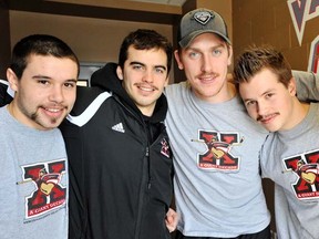 Current Giants frontrunner (in the moustache stakes) Neil Manning (second from left) with then-teammates Craig Cunningham, Randy McNaught and Matt MacKay in the WHL team’s Movember faceoff in November 2010. (Photo by Ian Smith, PNG)