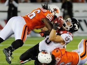 Hard hitting linebacker Solomon Elimimian is one of nine B.C. Lions on the CFL all-star team. Photo by Ric Ernst, PNG