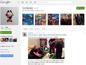 Coldplay's Google+ Page.