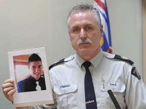 Langley, BC: DECEMBER 30, 2011 -- RCMP Sgt. Peter Thiessen outlines charges against five individuals, four of whom are still at large, involved in a dial-a-dope operation based in Vancouver, BC, at Langley RCMP Friday, December 30, 2011. Included is Jinagh Navas-Rivas, the foster son of Vancouver mayor Gregor Robertson.

(Photo by Jason Payne/ PNG)
(For story by Cassidy Olivier and Medha)
Sun Trax# 00058228A
