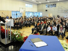 VANCOUVER, B.C.: DECEMBER 5, 2011 Monday was Inauguration Day for Mayor Gregor Robertson and his council and they conducted a ceremony at Creekside Community Recreation Centre, in Vancouver, December 5, 2011.   Here, the mayor gives his inaugural address.    (Stuart Davis/PNG)      (For PNG story)  -- PNG1205N INAUGERATION 22     TRAX NUMBER   00057786A and 00057789A