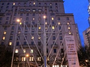 Menorah outside Vancouver Art Gallery, set against Vancouver Hotel. Said to be tallest in Canada.