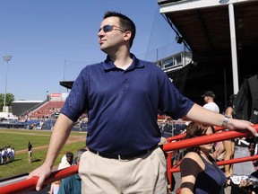 Toronto Blue Jays general manager Alex Anthopoulos in the stands at Vancouver’s Nat Bailey Stadium before the hometown Canadians, a Jays’ farm team, host the Tri-City Dust Devils in August 2011. (Photo by Gerry Kahrmann, PNG)