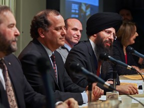 MONTREAL, QUE.: JANUARY 15, 2012 -- Candidates (from left) Thomas Mulcair, Brian Topp, Nathan Cullen Martin Singh and Peggy Nash take part informal NDP leaders' debate at Centre St-Pierre in Montreal Sunday January 15, 2012.      (John Mahoney/THE GAZETTE)