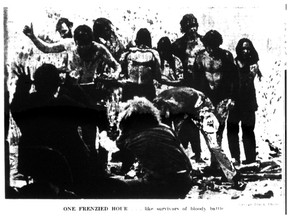 Digital scan  from August 28, 1968 of destruction art performance by Ralph Ortiz who later became known as Raphael Montanez Ortiz. The cutline reads: "One Frenzied Hour . . . like survivors of bloody battle"