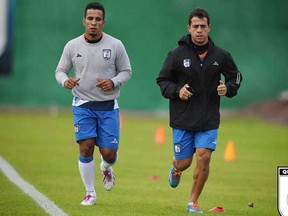 Camilo Sanvezzo (left) training last week with Queretaro FC of the Mexican League: fondly recall the art, not the artist.