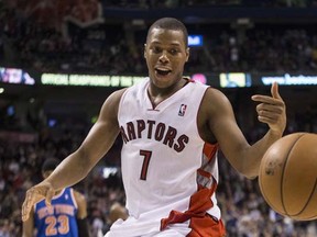 Toronto Raptor Kyle Lowry is all smiles during a 115-100 win over the visiting New York Knicks on Dec. 28, 2013 at the Air Canada Centre.