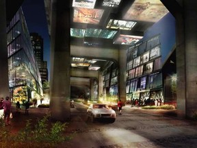 Vancouver House plans to animate the area under the Granville Street Bridge with lightboxes.