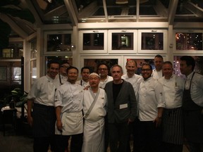 Vancouver chefs and their assistants with Ferran Adria on his visit:
Front, l to r: Thomas Haas, Masa Baba, Tojo Hidekazu, Ferran Adria, Ricardo Valverde, Scott Jaeger, Angus An
Back, l to r: Lovett Sheng, Elmo Pinpin, Vikram Vij, Frank Pabst, Sean Cousins