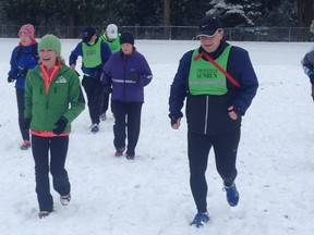 Former Olympian-turned-coach Lynn Kanauka, left, and Arian Soheili, centre, lead Sunday's snowy workout in North Langley.