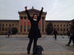 Jennifer Mar doing the Rocky run at Philadelphia Museum of Art
