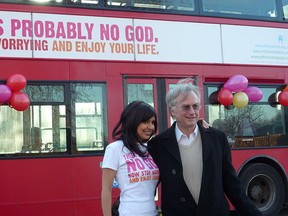 Only 25 per cent of British Columbia's atheists, agnostics and non-religious residents "approved" of Richard Dawkins, best-selling author of The God Delusion. Many did not know about him. (Photo: Dawkins with British comedy writer Ariane Sherine, who helped launch the "Atheist Bus" campaign.