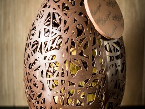 Chocolate lattice egg with golden egg inside from Chez Christophe