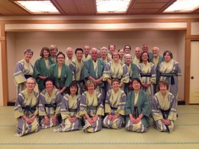 Wearing yukatas for dinner at traditional Japanese inn in Takayama. This is just half of the group. The others stayed at a different hotel.