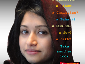 This confusing poster makes a mistake that's common to anti-racism campaigns in multi-cultural Canada. To combat stereotyping, it seems to be asking viewers to not be curious about the specific religion of the young woman -- suggesting that's not part of who she really is.