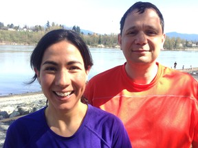 Lluvia Meneses, the founder of Latin Runners! and Walnut Grove Sun Run training leader Arian Soheili reunite at Derby Reach Regional Park on Sunday in Langley to take their respective groups out for an eight- and 10-kilometre trail run.