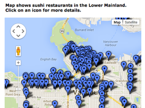 Open link below for interactive map showing more than 615 sushi restaurants and bars in Metro Vancouver. Plus their health reports.