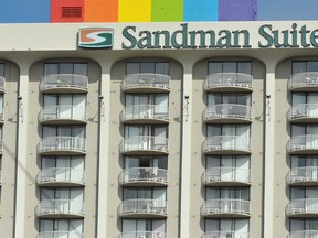 In time for this years festivities a 55 foot rainbow has been painted on the roof of the Sandman Hotel on Davie Street in Vancouver. (Wayne Leidenfrost/PNG)