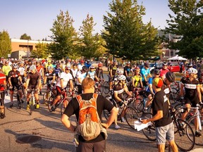 Cyclists get ready to leave Coquitlam's Pinecrest Community Centre on Sunday for the MEC Summer Century Ride
