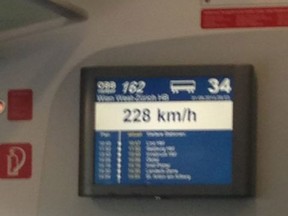 On our recent train trip from Vienna, Austria, to Passau, Germany, we found ourselves travelling at 232 kilometres per hour (but I only captured a photo of the moment when we were at 228 km/h). Canadians' everyday technology often pales to that being used in Europe.