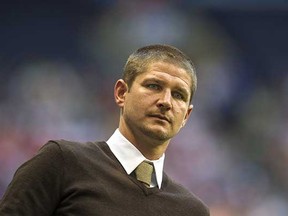 A pensive Vancouver Whitecaps head coach Carl Robinson on the sidelines during a June Major League Soccer game against the visiting Montreal Impact at BC Place Stadium. (Steve Bosch, PNG)