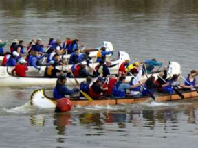 Voyageur canoes race up the Fraser River during the annual Cranberry Race in Fort Langley.