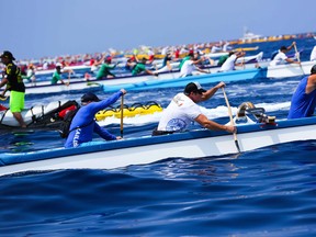 The start of the men's leg of the Queen Lili outrigger race near Kona, Hawaii. It's the world's biggest outrigger event.