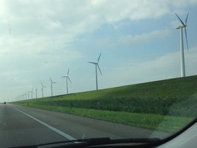 Wind turbine farms like this are a common sight along the highways of Germany, Denmark and the Netherlands (the latter country being where this photo was taken.) Canada gets only 2.3 per cent of its electrical energy from wind power. But Europeans in general obtain 11 per cent of their energy from wind turbines.