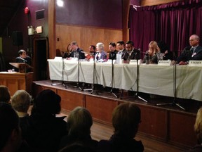 Vancouver mayoral and council candiates at the Coalition of Vancouver Neighbourhoods all-candidates meeting Oct. 15, 2014 at St. James Hall. Mayoral candidates Kirk LaPointe (NPA), Meena Wong (COPE) and Bob Kasting (independent) were there. Vision Vancouver Mayor Gregor Robertson skipped the event.