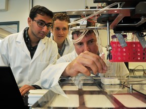 Tamer Mohamed, Simon Beyer, and Konrad Walus (sitting) (l. to r.) work in their lab at UBC.