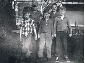 "Let's go play guns." Did our youthful war games make us more violent and hawkish? Douglas Todd gathers with his friends in the backyard of his family home on Prince Albert Street in the late 1950s. Front row, left to right: Bobby Wright, Douglas Todd, Dave Mawhinney Back row, left to right: Jimmy Wright (with hat), David Todd.
