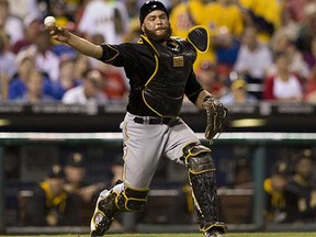 Catcher Russell Martin, shown in action for the Pittsburgh Pirates earlier this season, is now a Toronto Blue Jay. (Mitchell Leff, Getty Images)