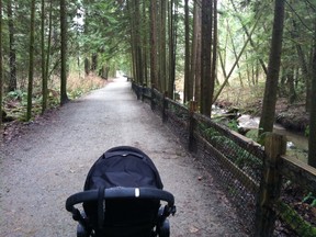 Pushing 100 pounds of twin toddler on the trails around Port Coquitlam.