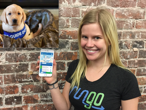 Jaycee-Ann Day shows the new RunGo app that will play a big role in this Saturday's Dash for Dogs event at Stanley Park, which will help boost awareness and funds for raising and training guide dogs in B.C. and Alberta.