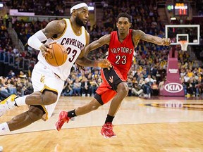 Cleveland’s LeBron James drives against Toronto Raptor Louis Williams. So the Raps’ only hope for getting out of the East in this spring’s playoffs is if James goes down with an injury. (Jason Miller, Getty Images)