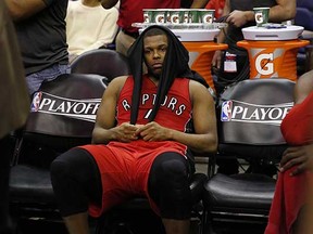 Toronto Raptors star Kyle Lowry sits on the bench during a timeout in the second half of the Raptors’ Game 4 blowout loss to the Washington Wizards on Sunday in Washington, D.C. The Wizards won 125-94 to complete a series sweep. (Alex Brandon, Associated Press)