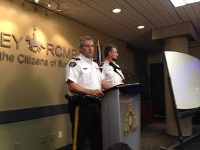 Surrey Chief Supt. Bill Fordy and Delta Acting Chief Lyle Beaudoin talk about shooting problem last April