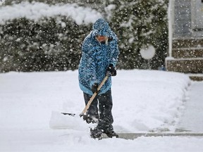 A woman shovels snow off a sidewalk in front of her southwest Edmonton home on May 6, 2015 when spring snow flurries blanketed the city.
Photograph by: Larry Wong, Edmonton Journal