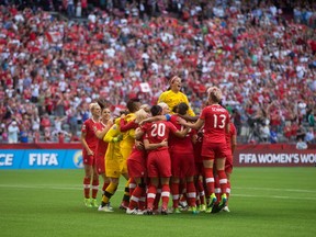 Canada players celebrate after defeating Switzerland 1-0 during the FIFA Women's World Cup round of 16 soccer action in Vancouver, B.C., on June 21, 2015.