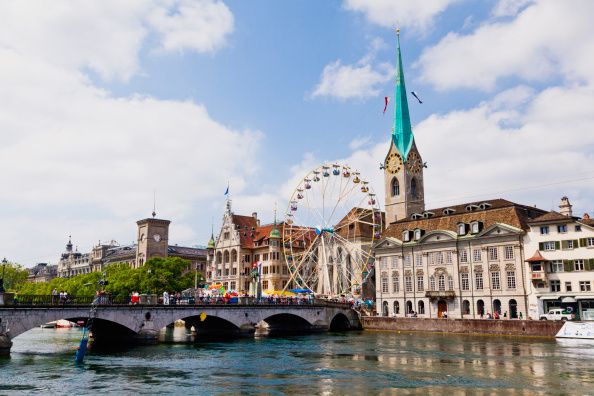 Europe, Switzerland, Zurich, View of Fraumunster church near Limmat river. (Photo by: JTB Photo/UIG via Getty Images)