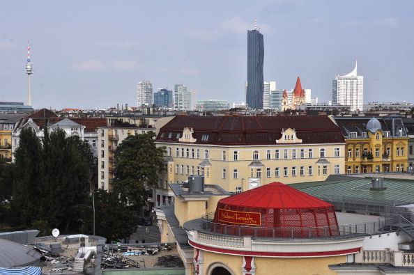 VIENNA, AUSTRIA - SEPTEMBER 25:  Part of Madame Tussaud's (front) and DC Tower is seen against the Vienna skyline during the Wiener Wiesn Festival 2013 on September 25, 2013 in Vienna, Austria.  (Photo by Manfred Schmid/Getty Images)